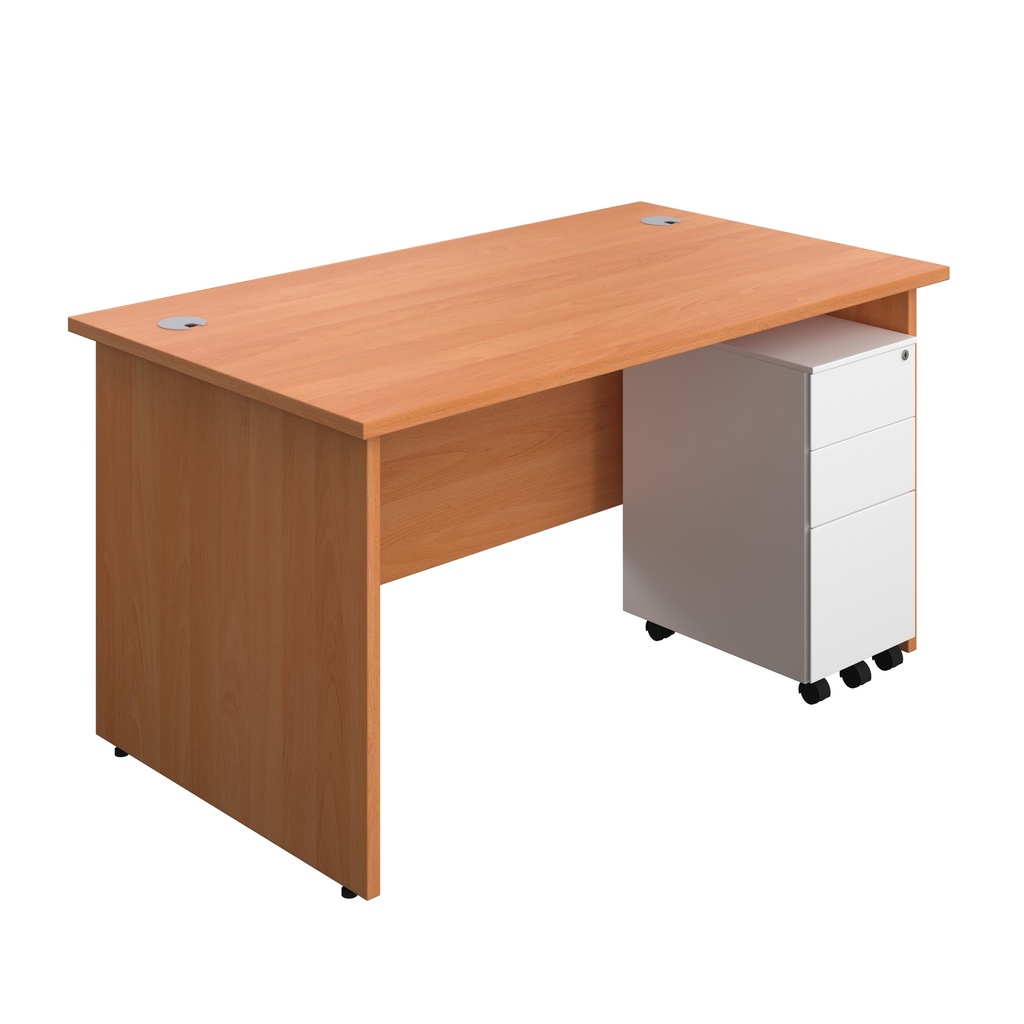 Panel Rectangular Desk + 3 Drawer Slimline Steel Pedestal Bundle (FSC) | 1400X800 | Beech/White | 