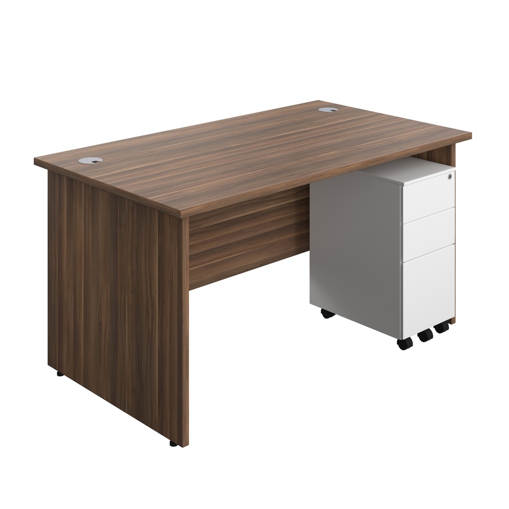 Panel Rectangular Desk + 3 Drawer Slimline Steel Pedestal Bundle (FSC) | 1400X800 | Dark Walnut/White | 