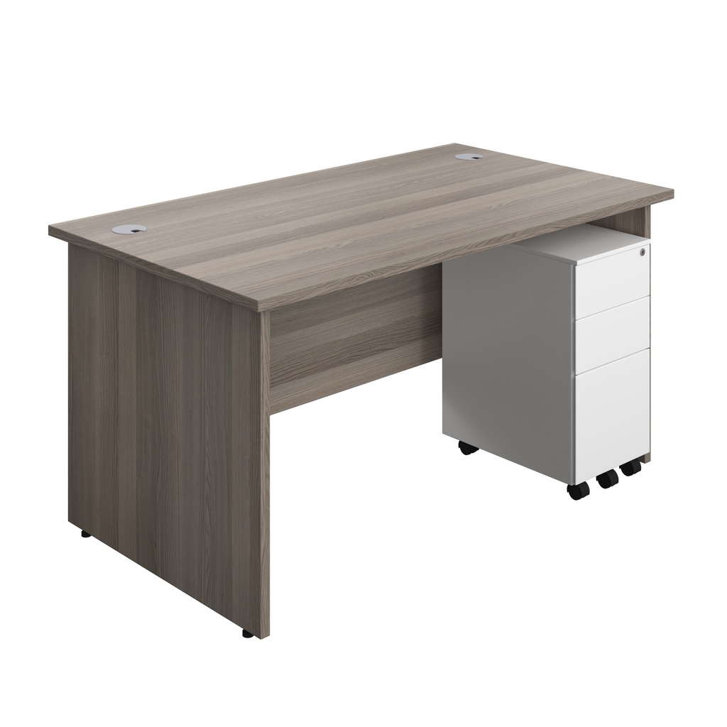 Panel Rectangular Desk + 3 Drawer Slimline Steel Pedestal Bundle (FSC) | 1400X800 | Grey Oak/White | 