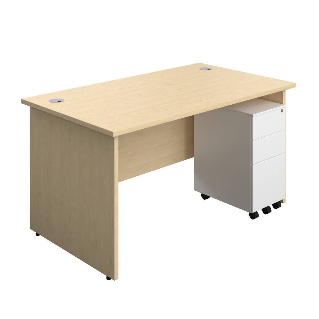 Panel Rectangular Desk + 3 Drawer Slimline Steel Pedestal Bundle (FSC) | 1400X800 | Maple/White | 