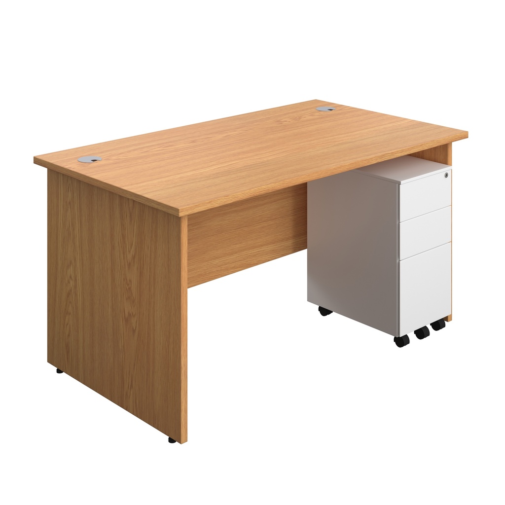 Panel Rectangular Desk + 3 Drawer Slimline Steel Pedestal Bundle (FSC) | 1400X800 | Nova Oak/White | 