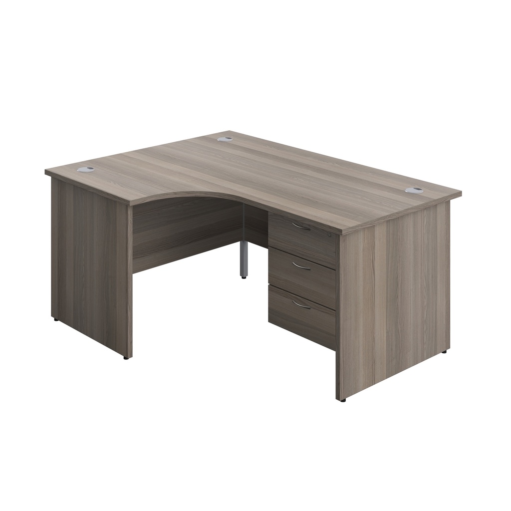 Panel Left Hand Radial Desk + 3 Drawer Fixed Pedestal Bundle (FSC) | 1600X1200 | Grey Oak/Grey Oak | 