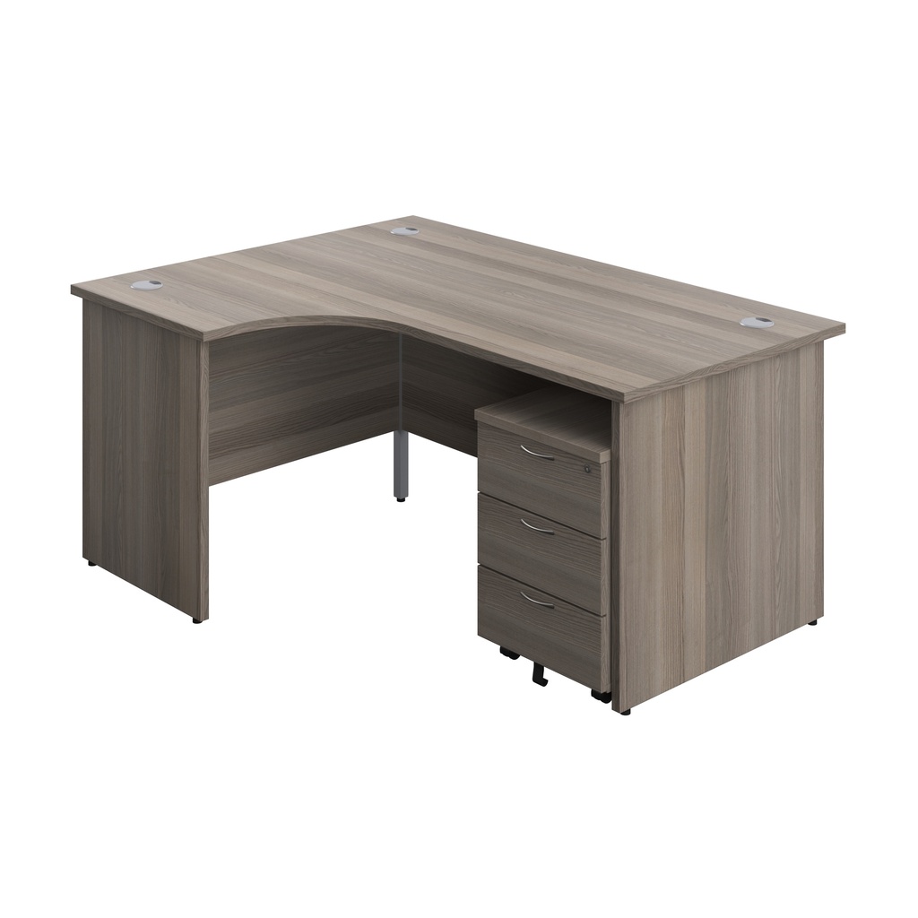 Panel Left Hand Radial Desk + 3 Drawer Mobile Pedestal Bundle (FSC) | 1600X1200 | Grey Oak/Grey Oak | 