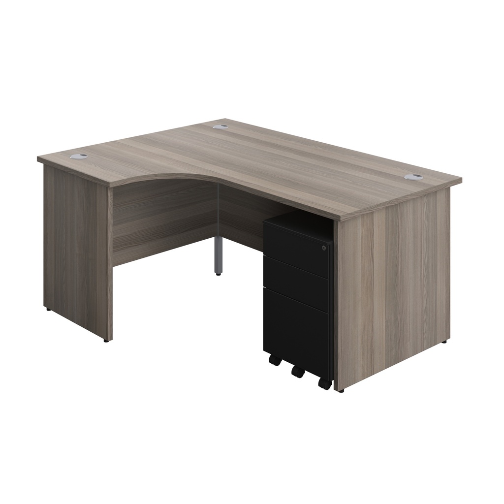 Panel Left Hand Radial Desk + 3 Drawer Steel Mobile Pedestal Bundle (FSC) | 1600X1200 | Grey Oak/Black | 