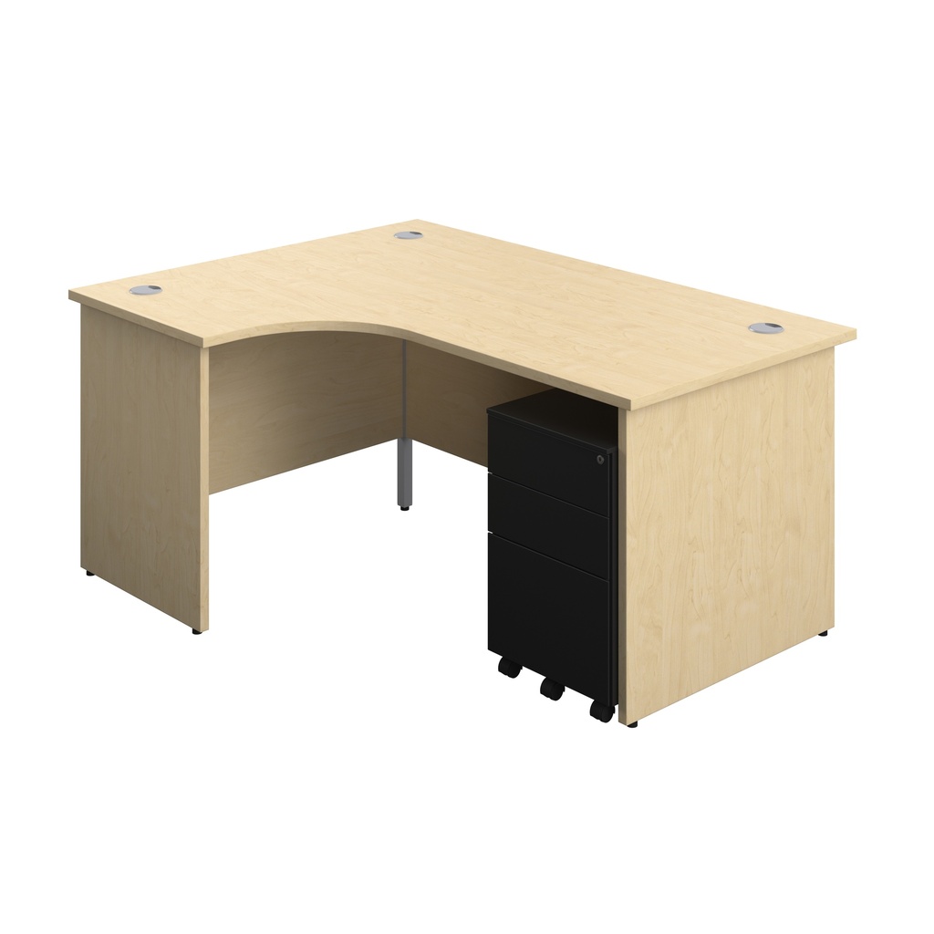 Panel Left Hand Radial Desk + 3 Drawer Steel Mobile Pedestal Bundle (FSC) | 1600X1200 | Maple/Black | 