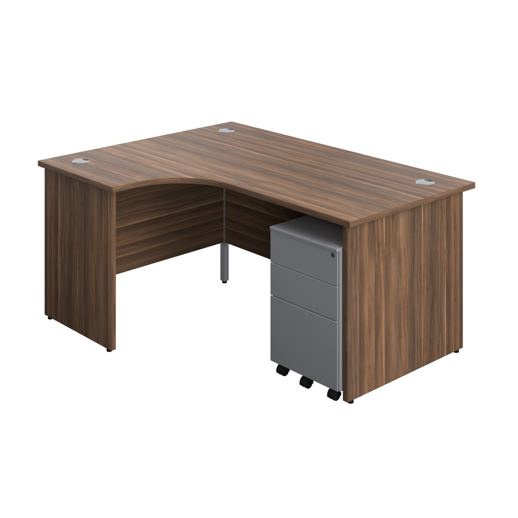 Panel Left Hand Radial Desk + 3 Drawer Steel Mobile Pedestal Bundle (FSC) | 1600X1200 | Dark Walnut/Silver | 