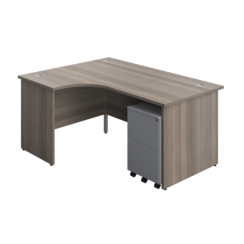 Panel Left Hand Radial Desk + 3 Drawer Steel Mobile Pedestal Bundle (FSC) | 1600X1200 | Grey Oak/Silver | 