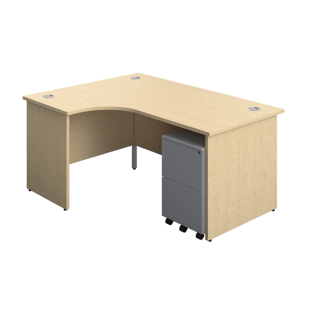 Panel Left Hand Radial Desk + 3 Drawer Steel Mobile Pedestal Bundle (FSC) | 1600X1200 | Maple/Silver | 