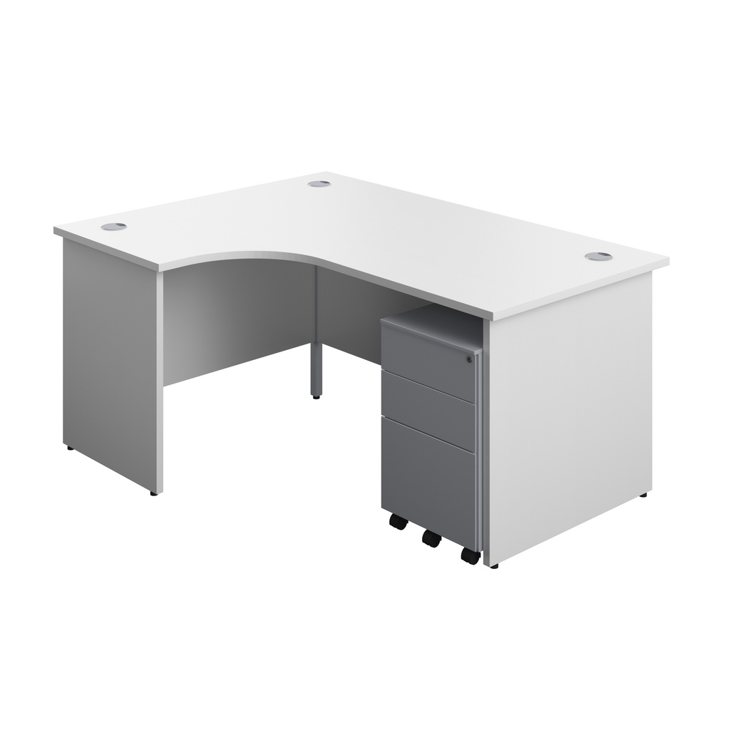 Panel Left Hand Radial Desk + 3 Drawer Steel Mobile Pedestal Bundle (FSC) | 1600X1200 | White/Silver | 