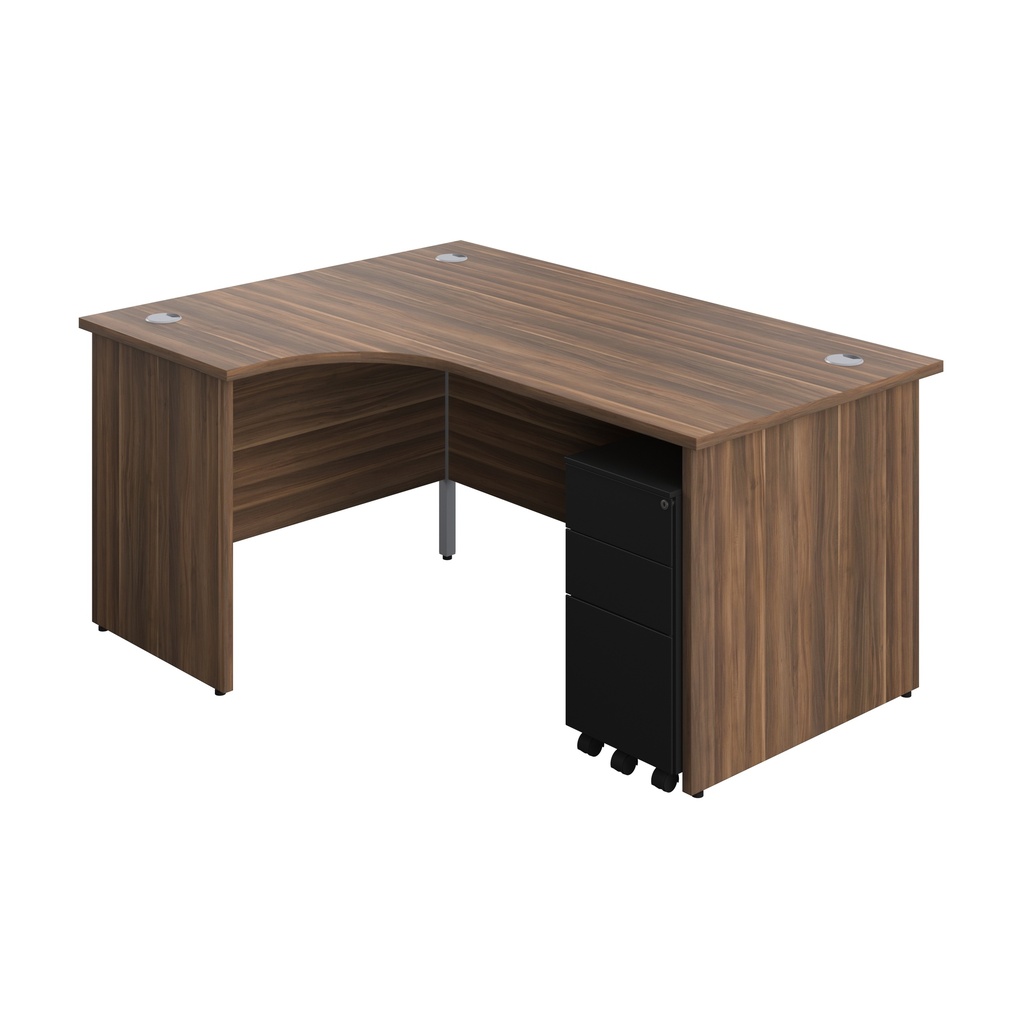 Panel Left Hand Radial Desk + 3 Drawer Slimline Steel Mobile Pedestal Bundle (FSC) | 1600X1200 | Dark Walnut/Black | 