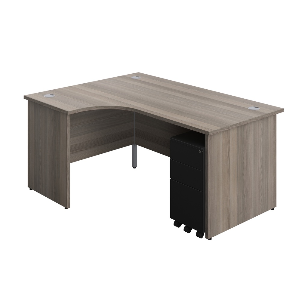 Panel Left Hand Radial Desk + 3 Drawer Slimline Steel Mobile Pedestal Bundle (FSC) | 1600X1200 | Grey Oak/Black | 