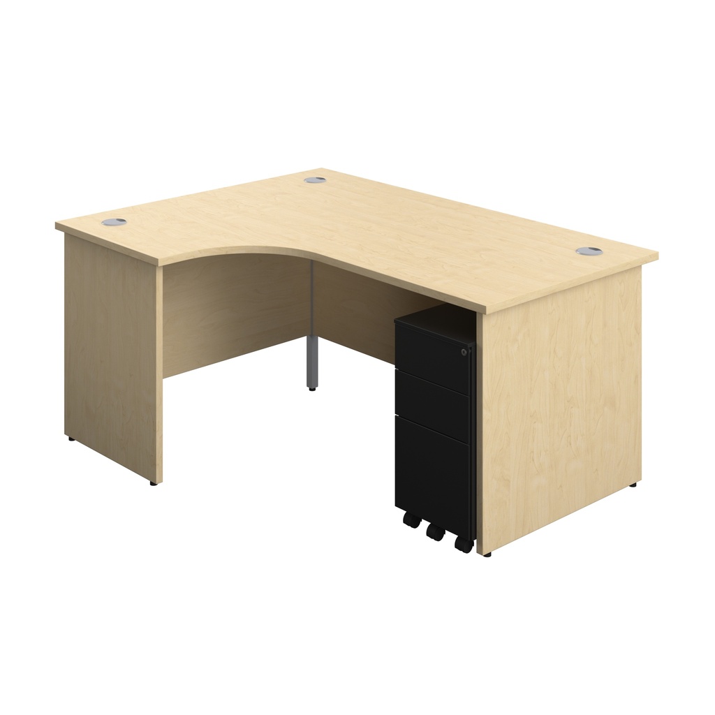 Panel Left Hand Radial Desk + 3 Drawer Slimline Steel Mobile Pedestal Bundle (FSC) | 1600X1200 | Maple/Black | 