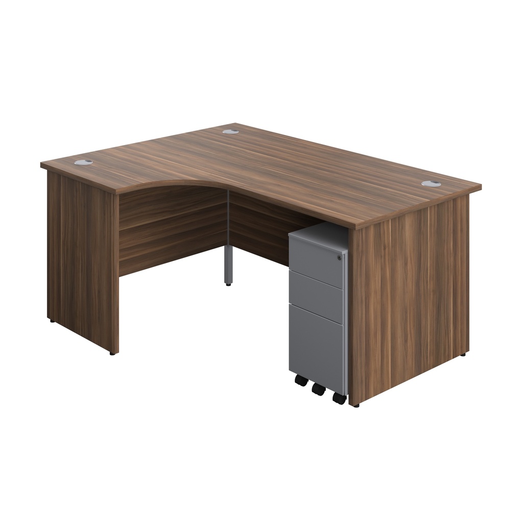 Panel Left Hand Radial Desk + 3 Drawer Slimline Steel Mobile Pedestal Bundle (FSC) | 1600X1200 | Dark Walnut/Silver | 