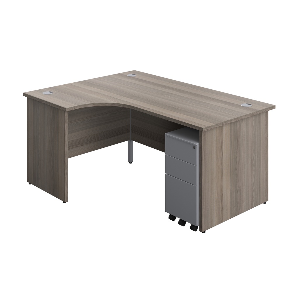 Panel Left Hand Radial Desk + 3 Drawer Slimline Steel Mobile Pedestal Bundle (FSC) | 1600X1200 | Grey Oak/Silver | 