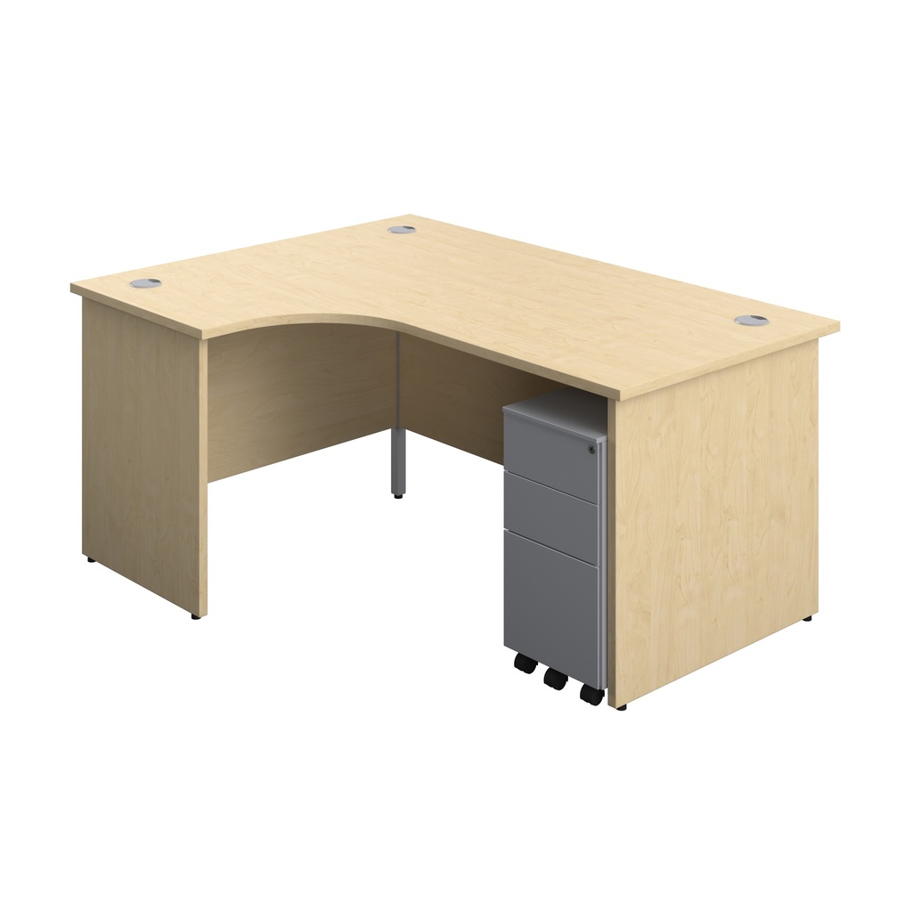 Panel Left Hand Radial Desk + 3 Drawer Slimline Steel Mobile Pedestal Bundle (FSC) | 1600X1200 | Maple/Silver | 