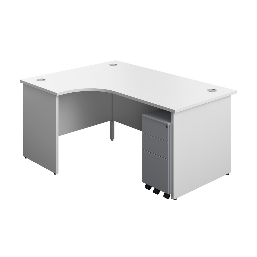 Panel Left Hand Radial Desk + 3 Drawer Slimline Steel Mobile Pedestal Bundle (FSC) | 1600X1200 | White/Silver | 