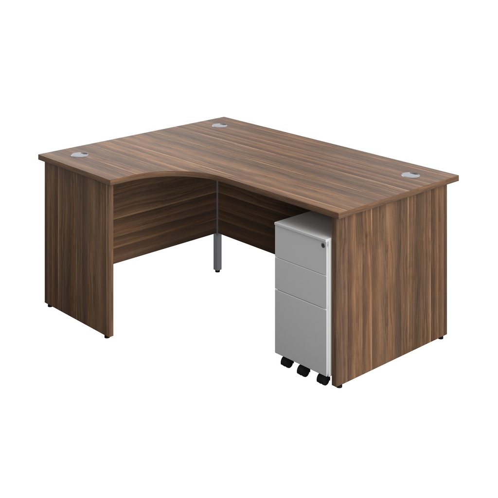 Panel Left Hand Radial Desk + 3 Drawer Slimline Steel Mobile Pedestal Bundle (FSC) | 1600X1200 | Dark Walnut/White | 