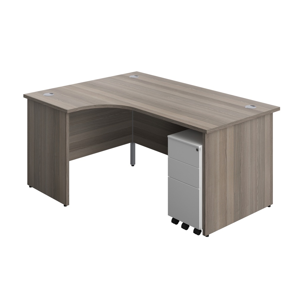 Panel Left Hand Radial Desk + 3 Drawer Slimline Steel Mobile Pedestal Bundle (FSC) | 1600X1200 | Grey Oak/White | 