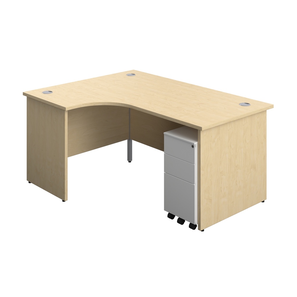 Panel Left Hand Radial Desk + 3 Drawer Slimline Steel Mobile Pedestal Bundle (FSC) | 1600X1200 | Maple/White | 