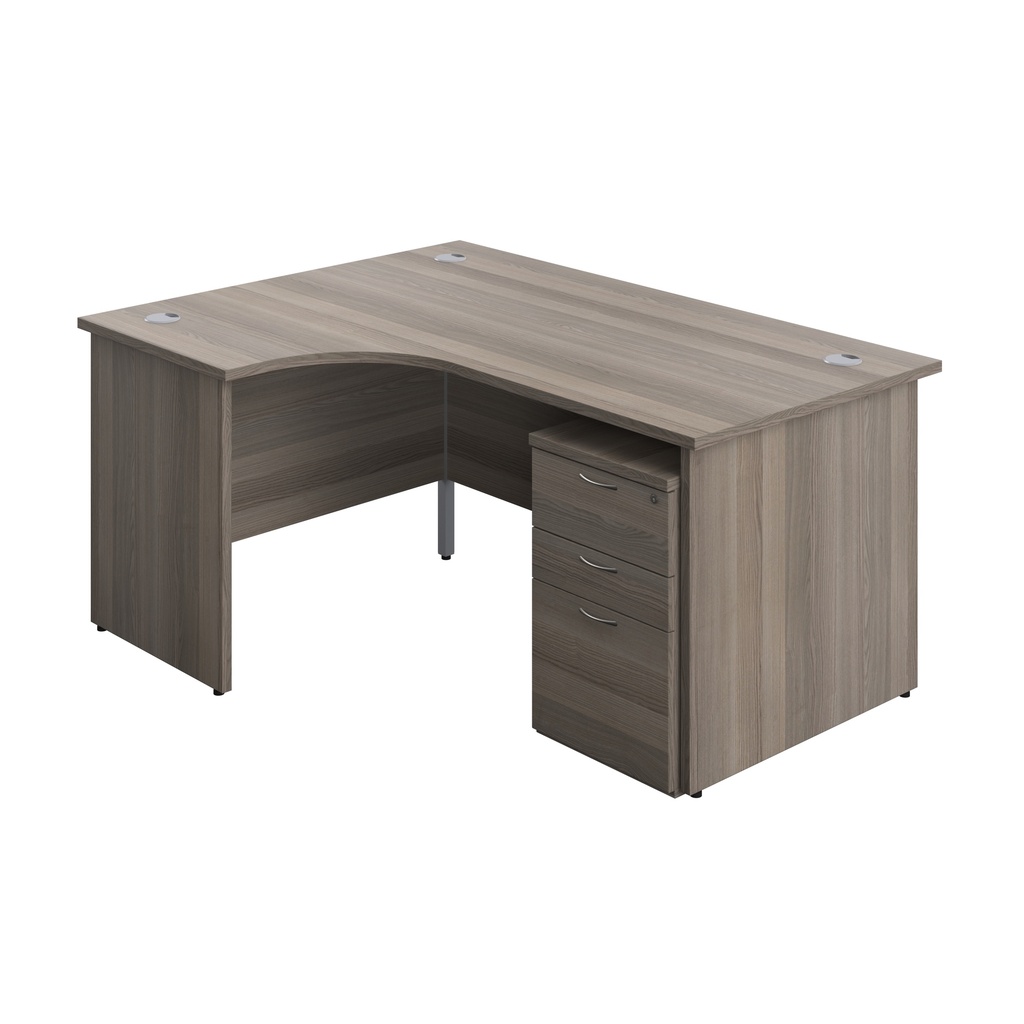 Panel Left Hand Radial Desk + 3 Drawer Under Desk Pedestal Bundle (FSC) | 1600X1200 | Grey Oak/Grey Oak | 
