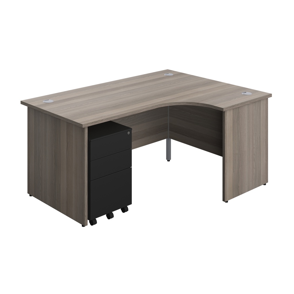 Panel Right Hand Radial Desk + 3 Drawer Steel Mobile Pedestal Bundle (FSC) | 1600X1200 | Grey Oak/Black | 