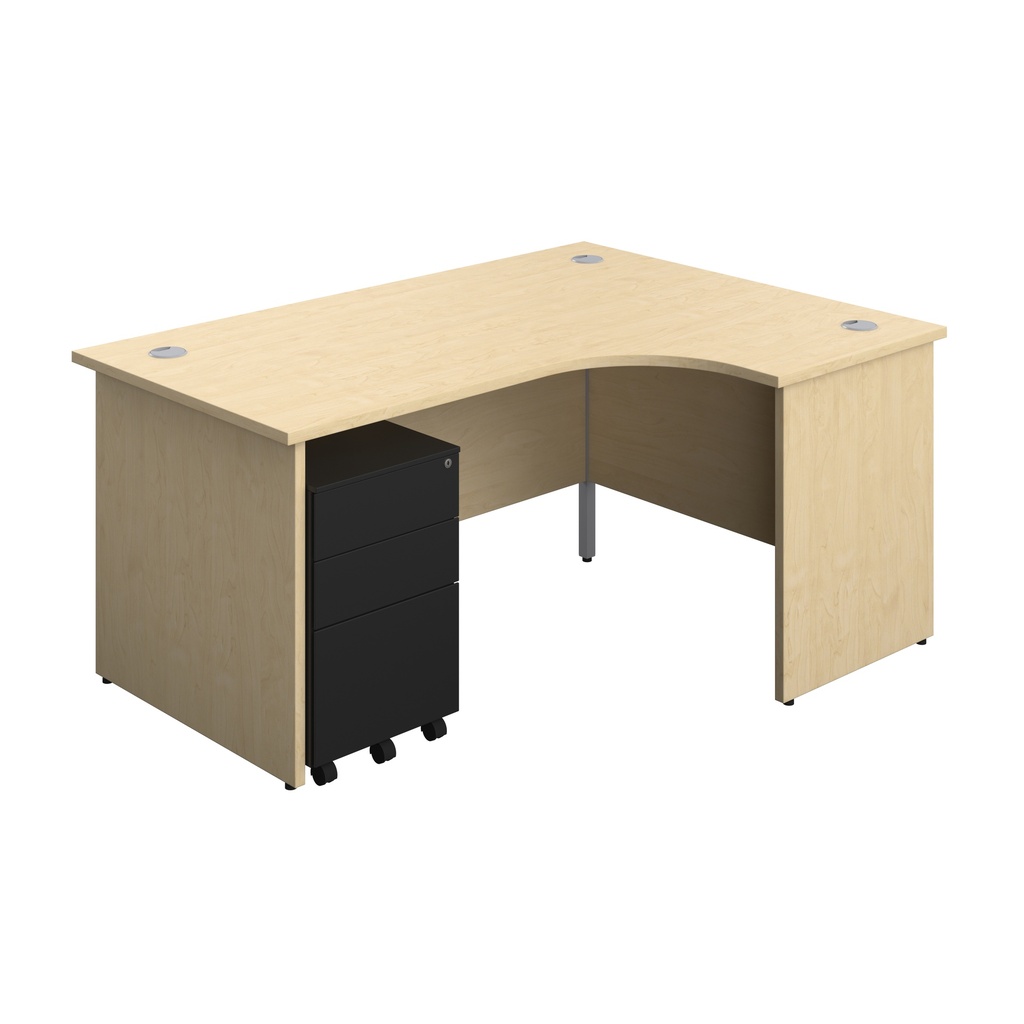 Panel Right Hand Radial Desk + 3 Drawer Steel Mobile Pedestal Bundle (FSC) | 1600X1200 | Maple/Black | 