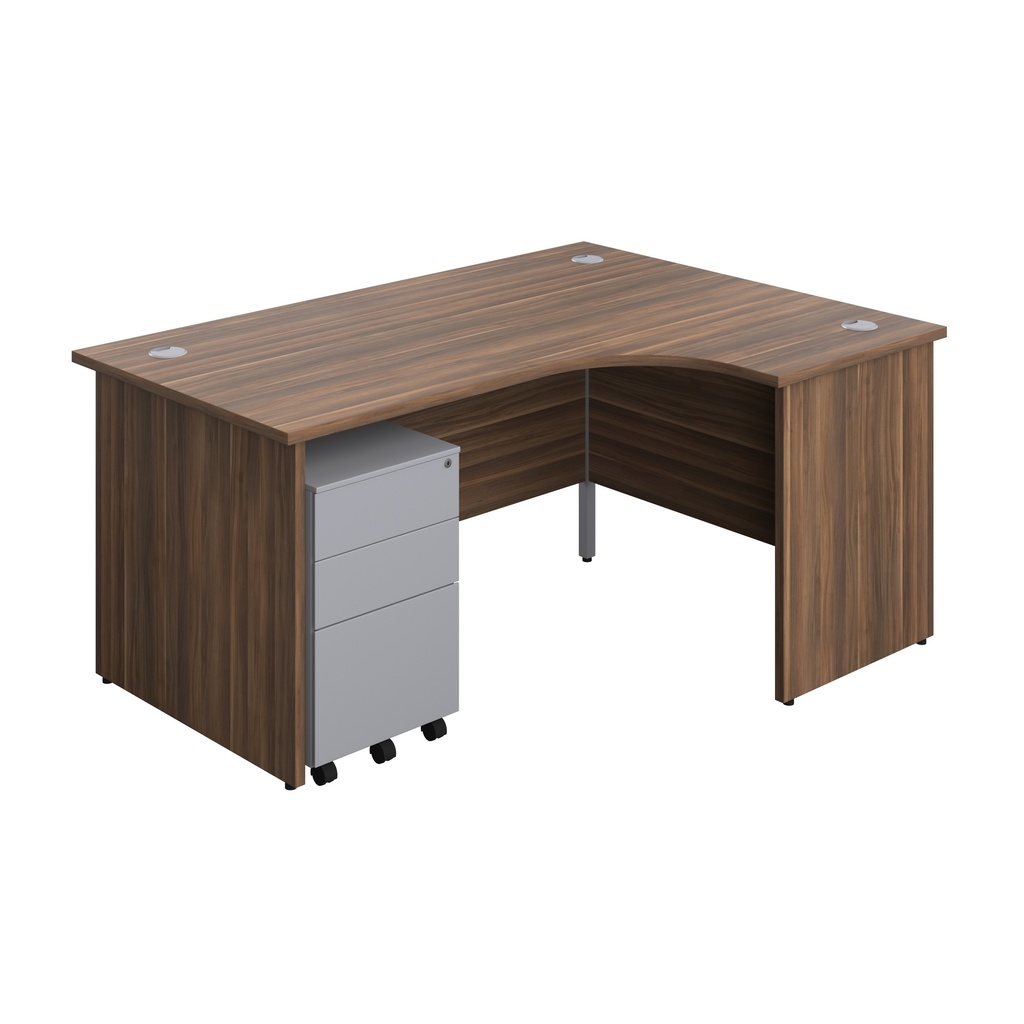 Panel Right Hand Radial Desk + 3 Drawer Steel Mobile Pedestal Bundle (FSC) | 1600X1200 | Dark Walnut/Silver | 