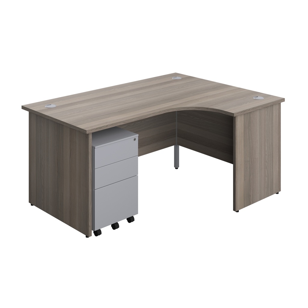 Panel Right Hand Radial Desk + 3 Drawer Steel Mobile Pedestal Bundle (FSC) | 1600X1200 | Grey Oak/Silver | 