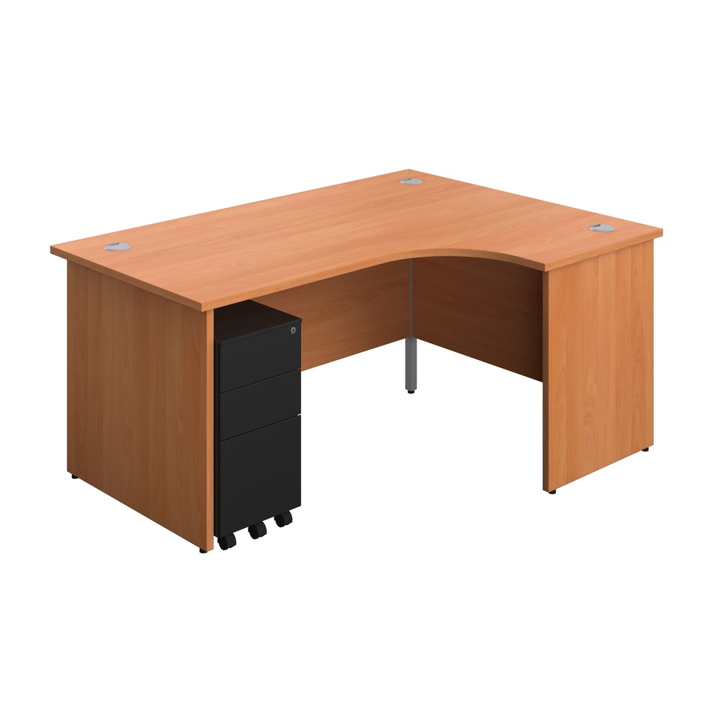 Panel Right Hand Radial Desk + 3 Drawer Slimline Steel Mobile Pedestal Bundle (FSC) | 1600X1200 | Beech/Black | 