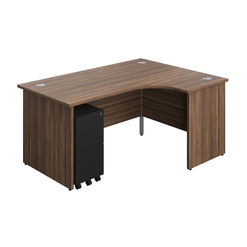 Panel Right Hand Radial Desk + 3 Drawer Slimline Steel Mobile Pedestal Bundle (FSC) | 1600X1200 | Dark Walnut/Black | 