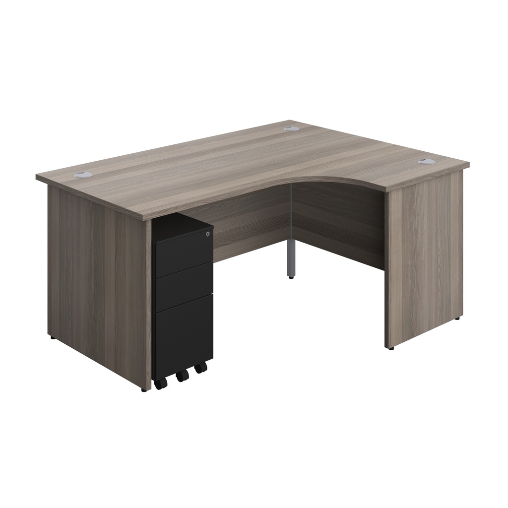 Panel Right Hand Radial Desk + 3 Drawer Slimline Steel Mobile Pedestal Bundle (FSC) | 1600X1200 | Grey Oak/Black | 