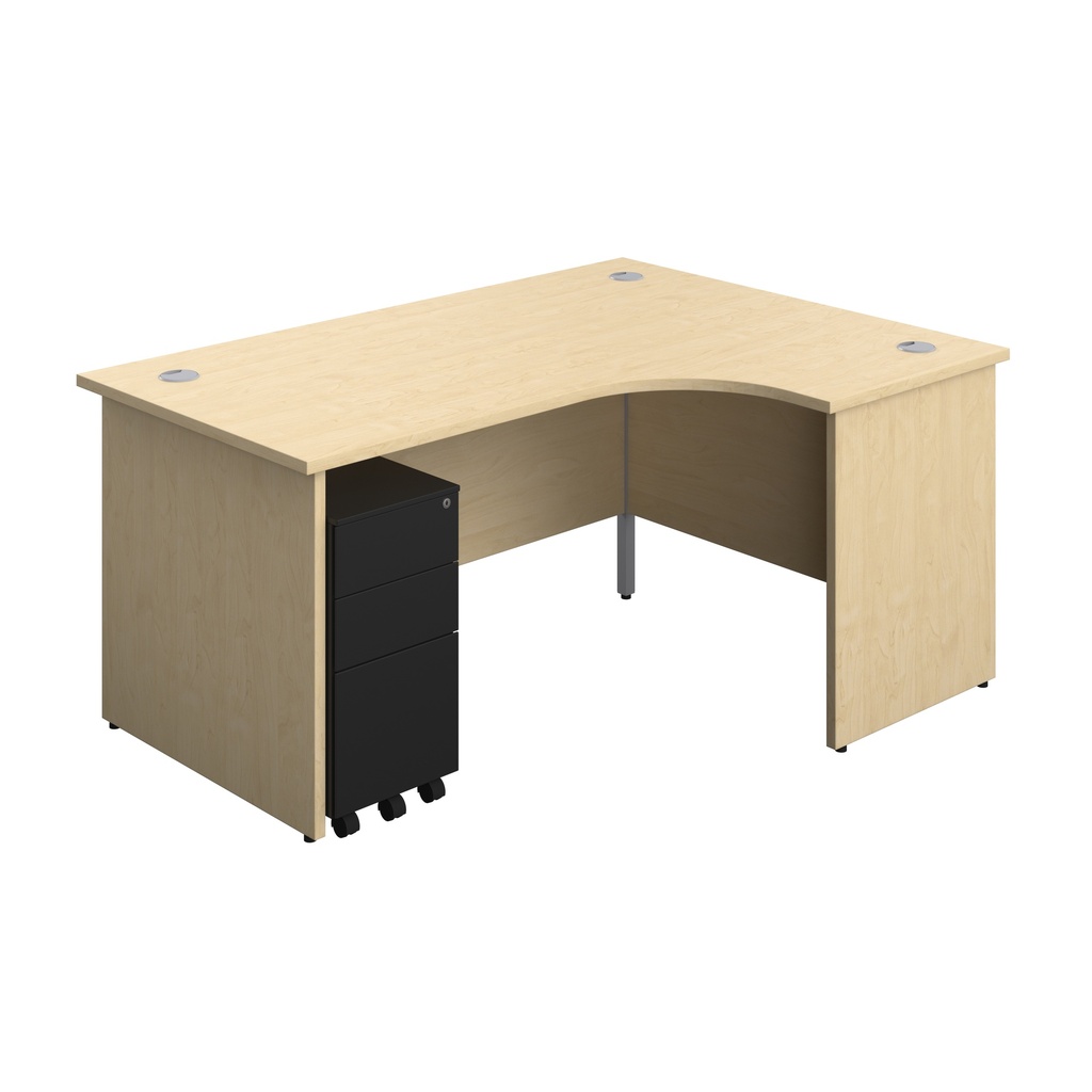 Panel Right Hand Radial Desk + 3 Drawer Slimline Steel Mobile Pedestal Bundle (FSC) | 1600X1200 | Maple/Black | 