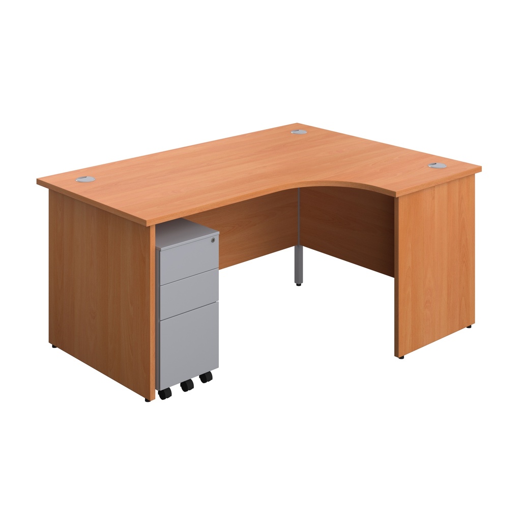 Panel Right Hand Radial Desk + 3 Drawer Slimline Steel Mobile Pedestal Bundle (FSC) | 1600X1200 | Beech/Silver | 