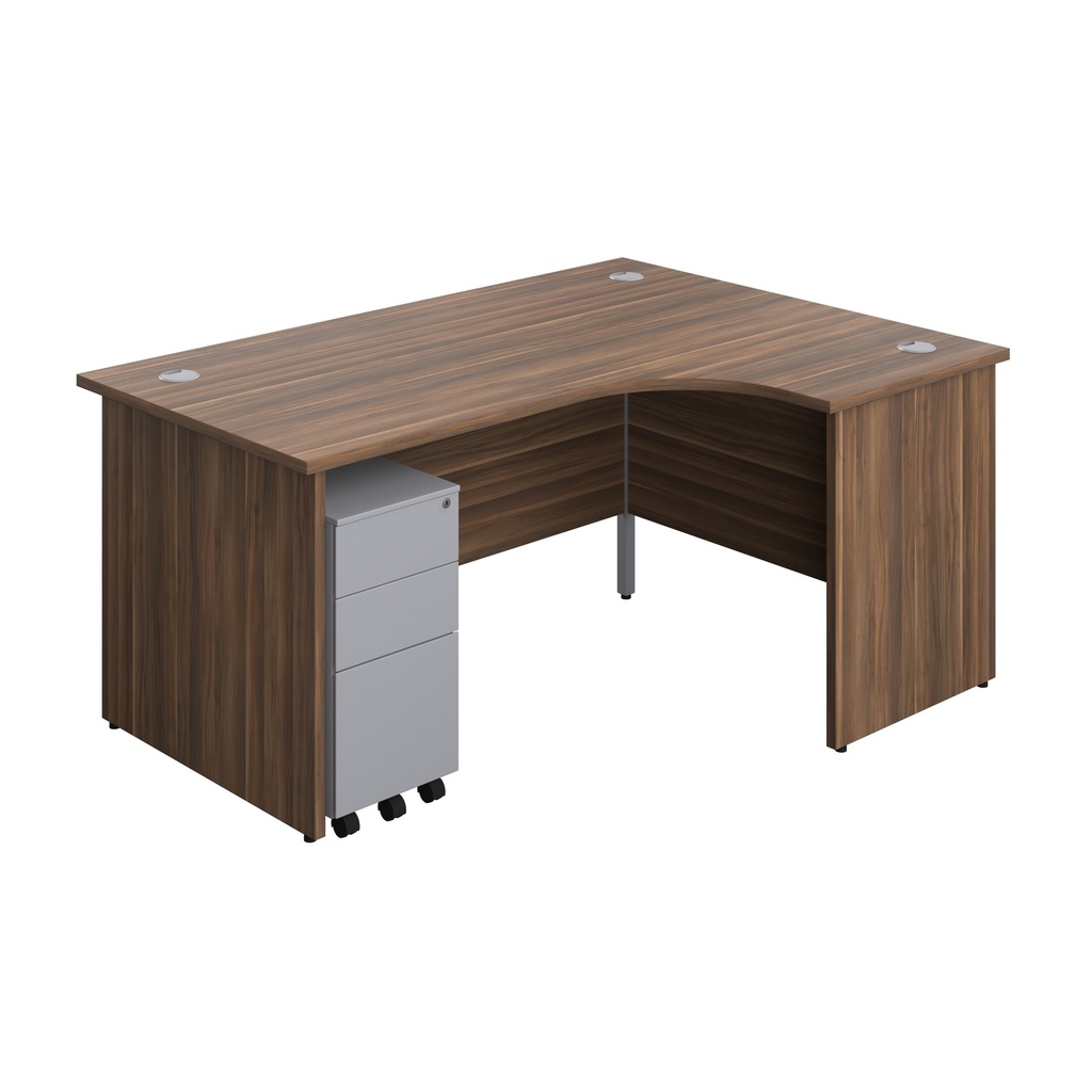 Panel Right Hand Radial Desk + 3 Drawer Slimline Steel Mobile Pedestal Bundle (FSC) | 1600X1200 | Dark Walnut/Silver | 