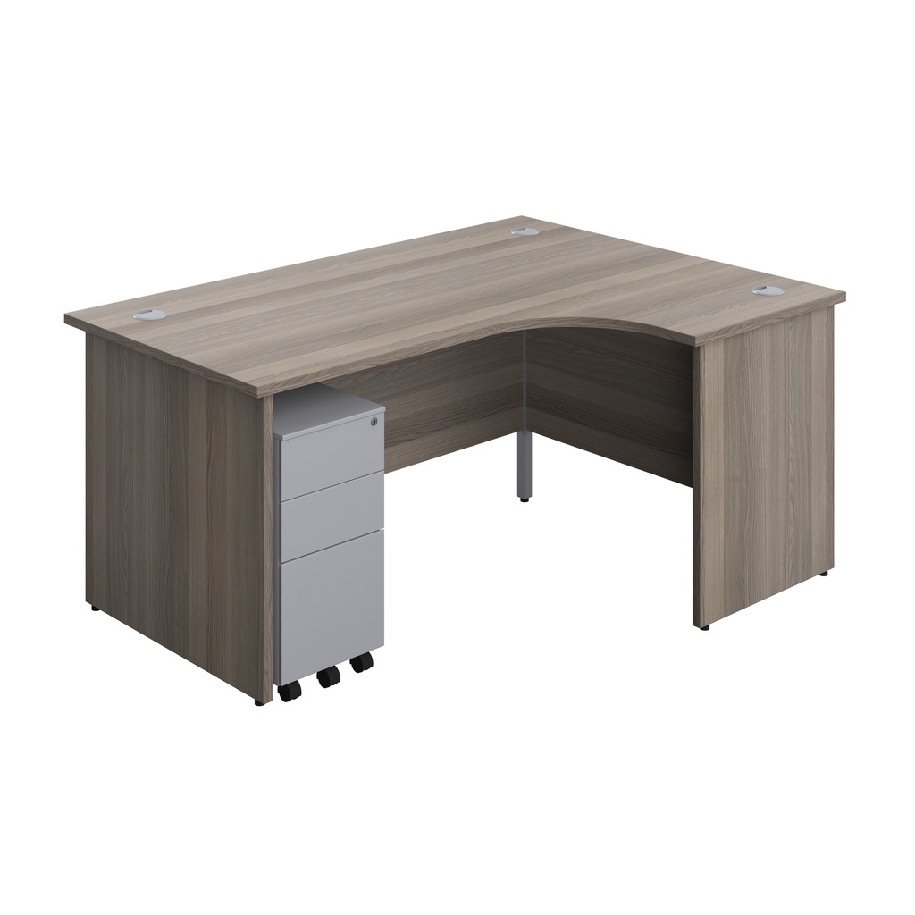 Panel Right Hand Radial Desk + 3 Drawer Slimline Steel Mobile Pedestal Bundle (FSC) | 1600X1200 | Grey Oak/Silver | 