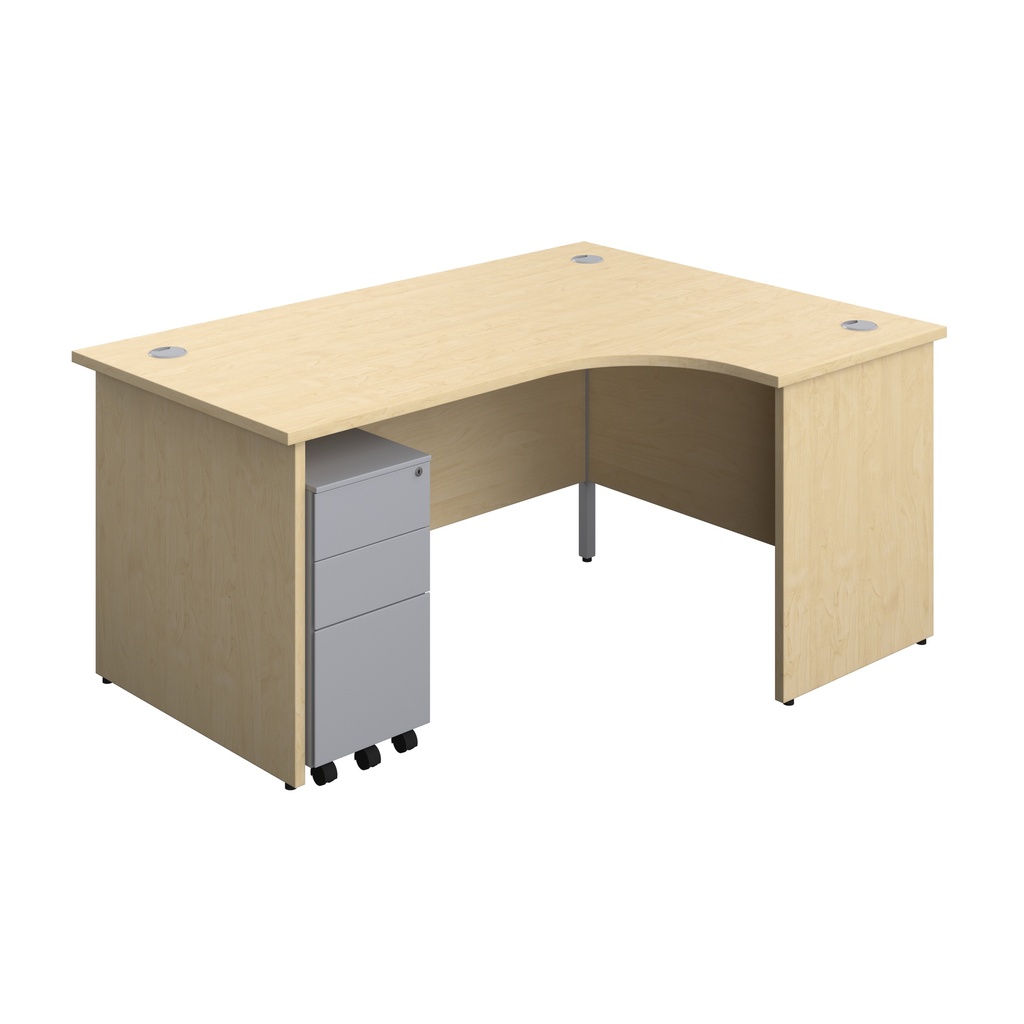Panel Right Hand Radial Desk + 3 Drawer Slimline Steel Mobile Pedestal Bundle (FSC) | 1600X1200 | Maple/Silver | 