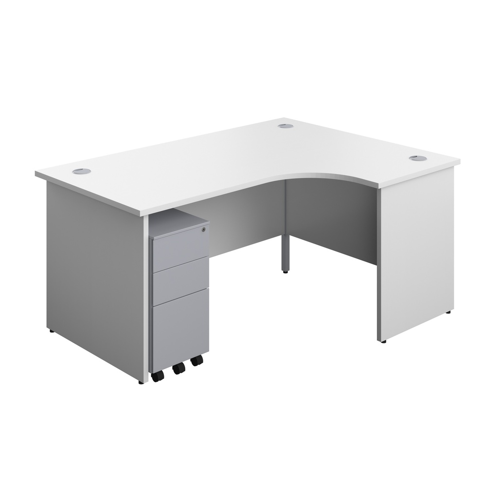 Panel Right Hand Radial Desk + 3 Drawer Slimline Steel Mobile Pedestal Bundle (FSC) | 1600X1200 | White/Silver | 