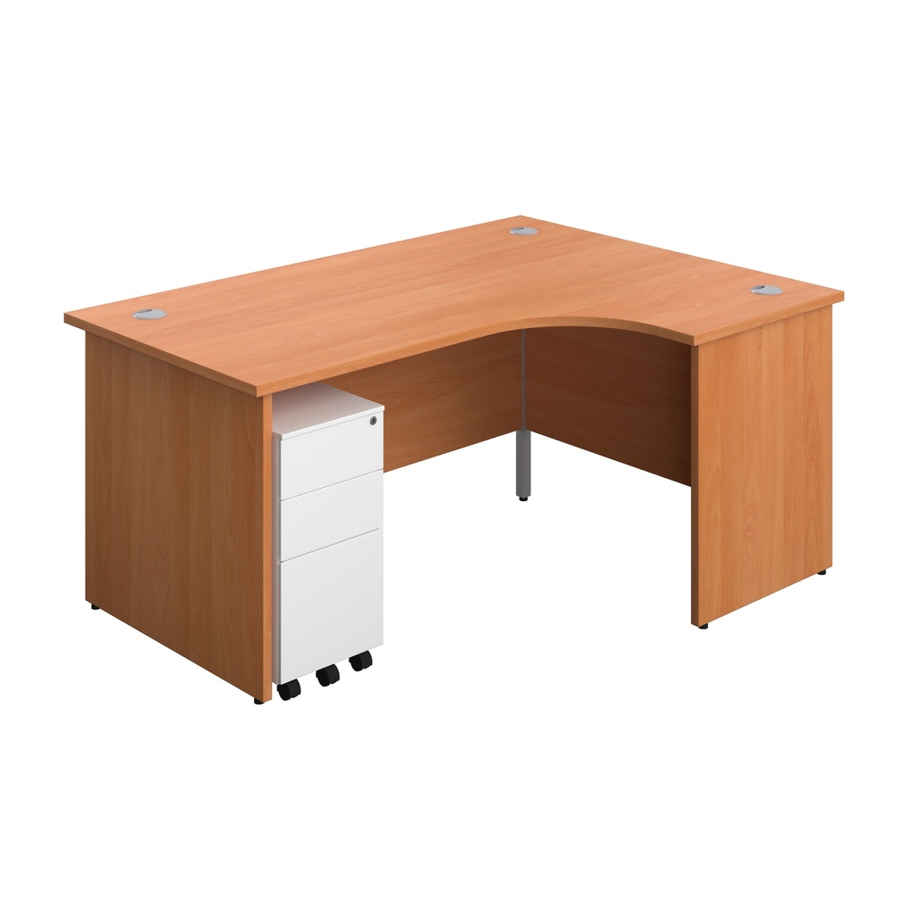 Panel Right Hand Radial Desk + 3 Drawer Slimline Steel Mobile Pedestal Bundle (FSC) | 1600X1200 | Beech/White | 