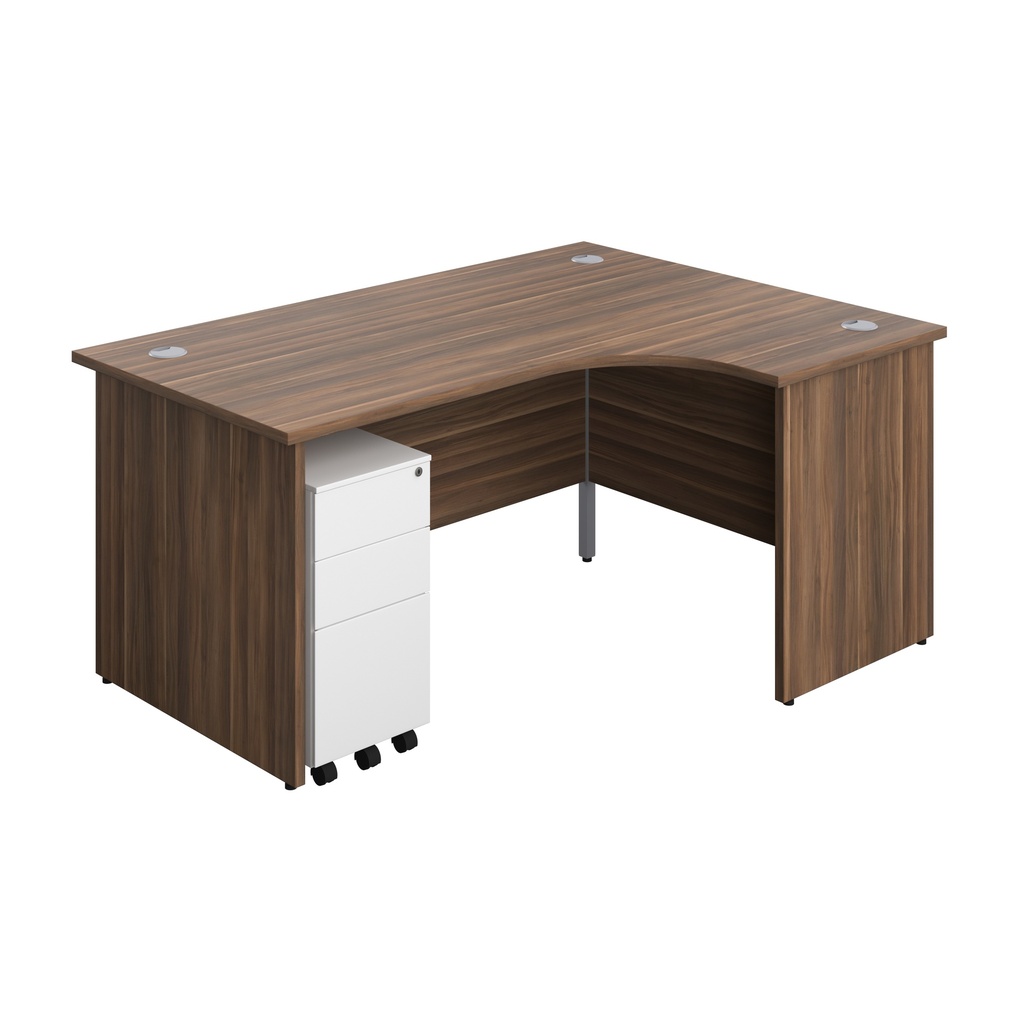 Panel Right Hand Radial Desk + 3 Drawer Slimline Steel Mobile Pedestal Bundle (FSC) | 1600X1200 | Dark Walnut/White | 