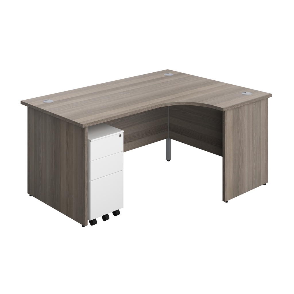Panel Right Hand Radial Desk + 3 Drawer Slimline Steel Mobile Pedestal Bundle (FSC) | 1600X1200 | Grey Oak/White | 