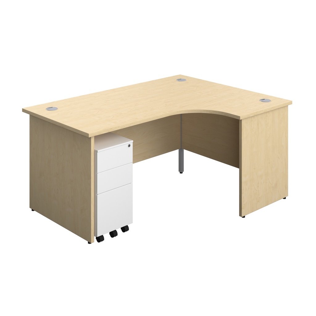 Panel Right Hand Radial Desk + 3 Drawer Slimline Steel Mobile Pedestal Bundle (FSC) | 1600X1200 | Maple/White | 