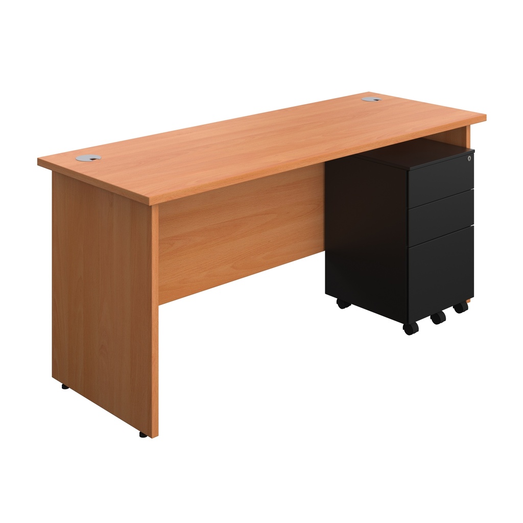Panel Rectangular Desk + 3 Drawer Steel Pedestal Bundle (FSC) | 1600X600 | Beech/Black | 