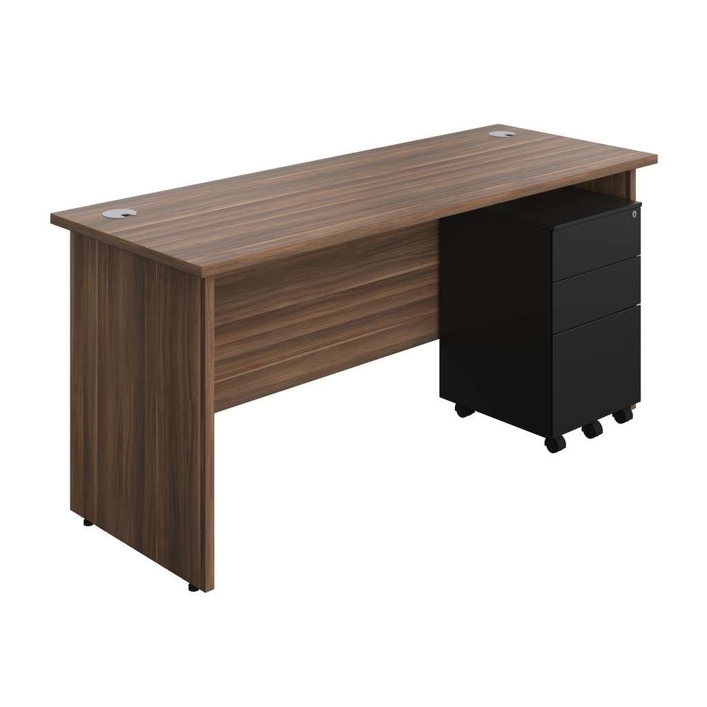 Panel Rectangular Desk + 3 Drawer Steel Pedestal Bundle (FSC) | 1600X600 | Dark Walnut/Black | 