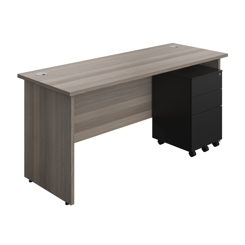 Panel Rectangular Desk + 3 Drawer Steel Pedestal Bundle (FSC) | 1600X600 | Grey Oak/Black | 
