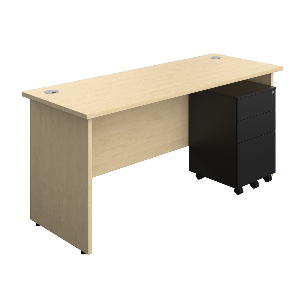 Panel Rectangular Desk + 3 Drawer Steel Pedestal Bundle (FSC) | 1600X600 | Maple/Black | 