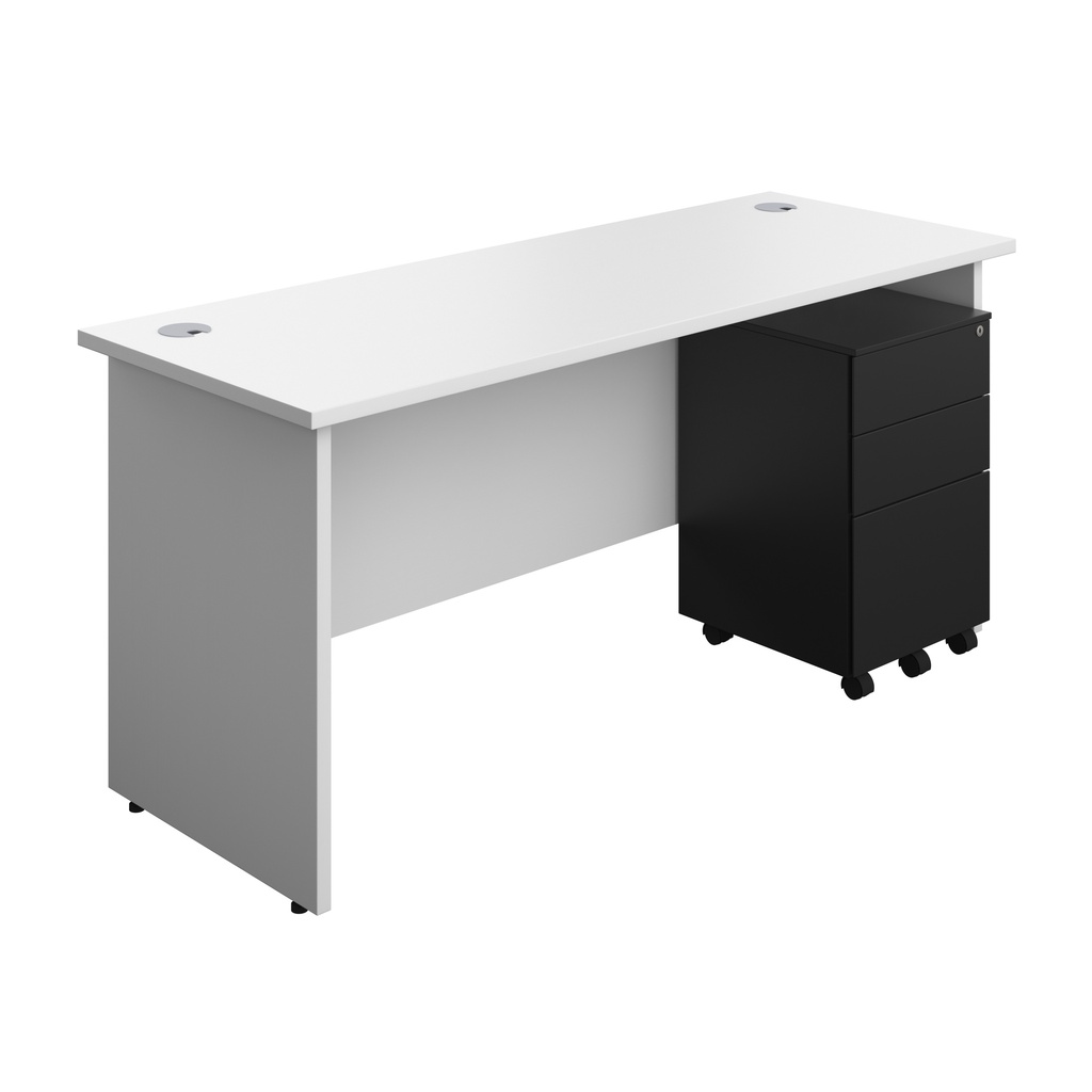 Panel Rectangular Desk + 3 Drawer Steel Pedestal Bundle (FSC) | 1600X600 | White/Black | 