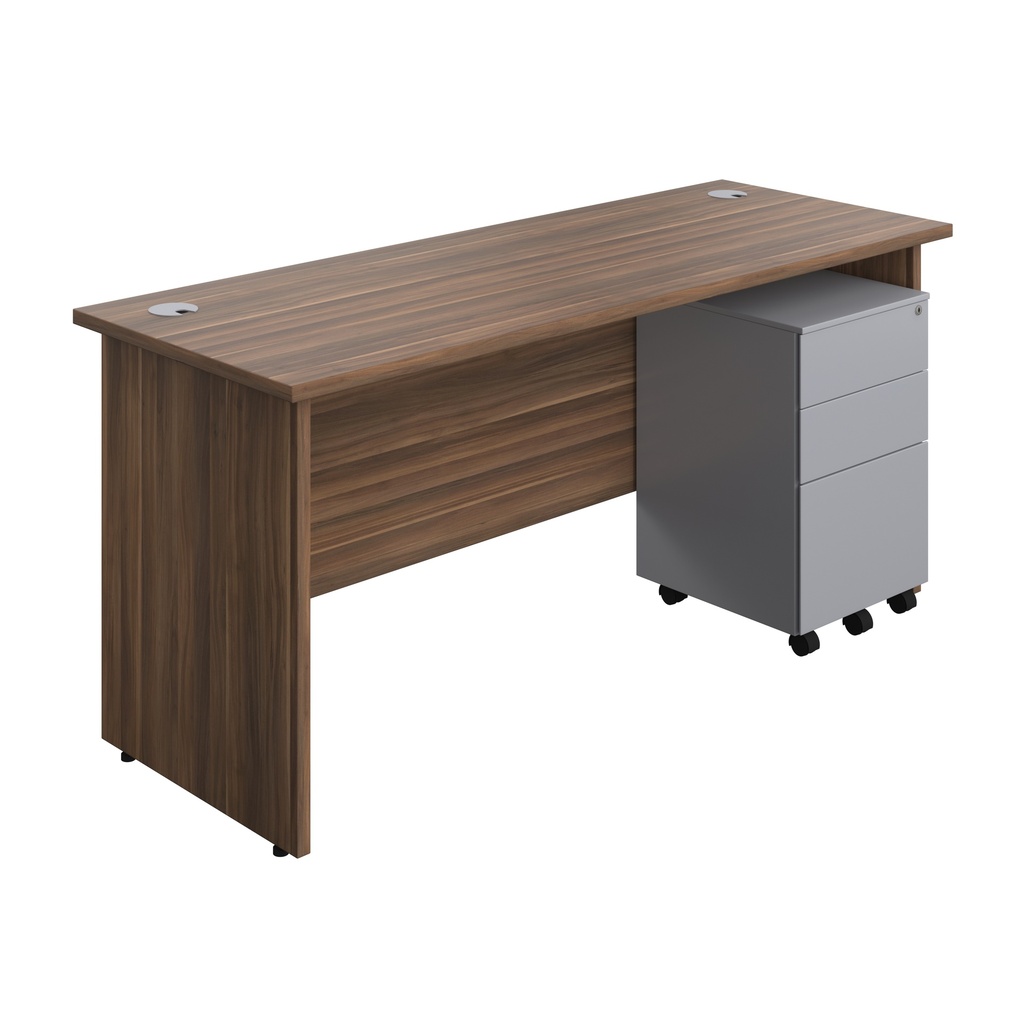 Panel Rectangular Desk + 3 Drawer Steel Pedestal Bundle (FSC) | 1600X600 | Dark Walnut/Silver | 