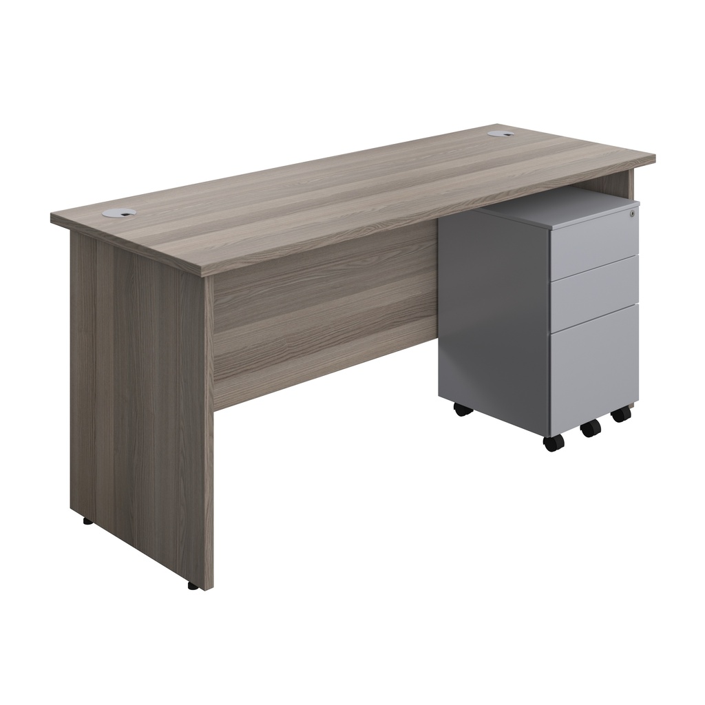 Panel Rectangular Desk + 3 Drawer Steel Pedestal Bundle (FSC) | 1600X600 | Grey Oak/Silver | 