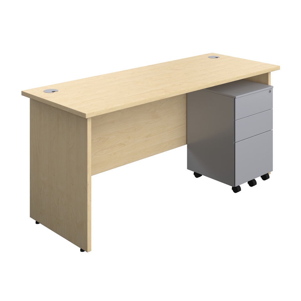 Panel Rectangular Desk + 3 Drawer Steel Pedestal Bundle (FSC) | 1600X600 | Maple/Silver | 