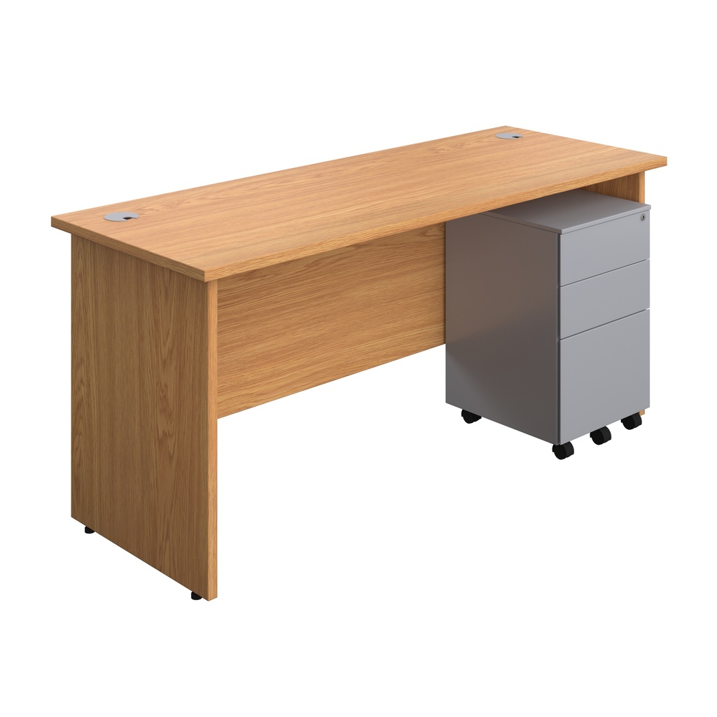 Panel Rectangular Desk + 3 Drawer Steel Pedestal Bundle (FSC) | 1600X600 | Nova Oak/Silver | 